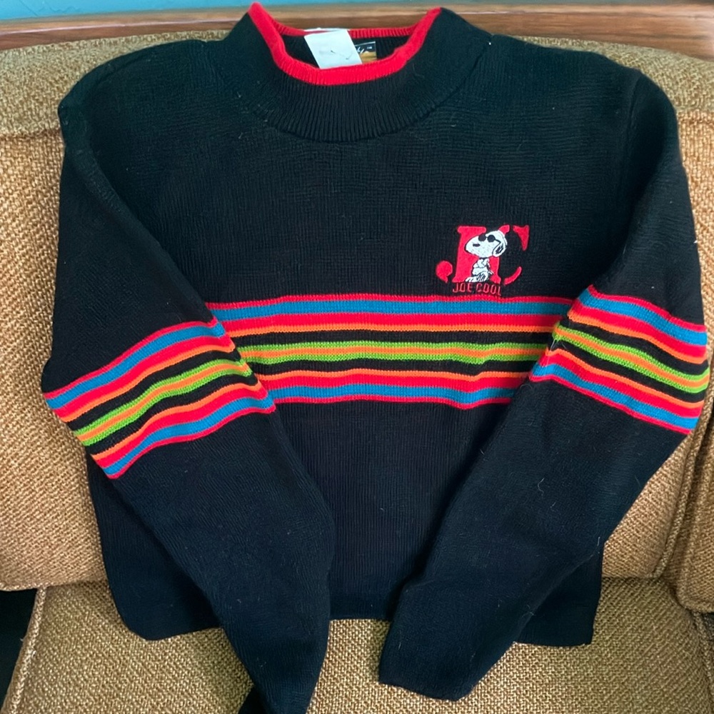 Peanuts Joe Cool Embroidered Black and Red Sweater with Vivid Stripes